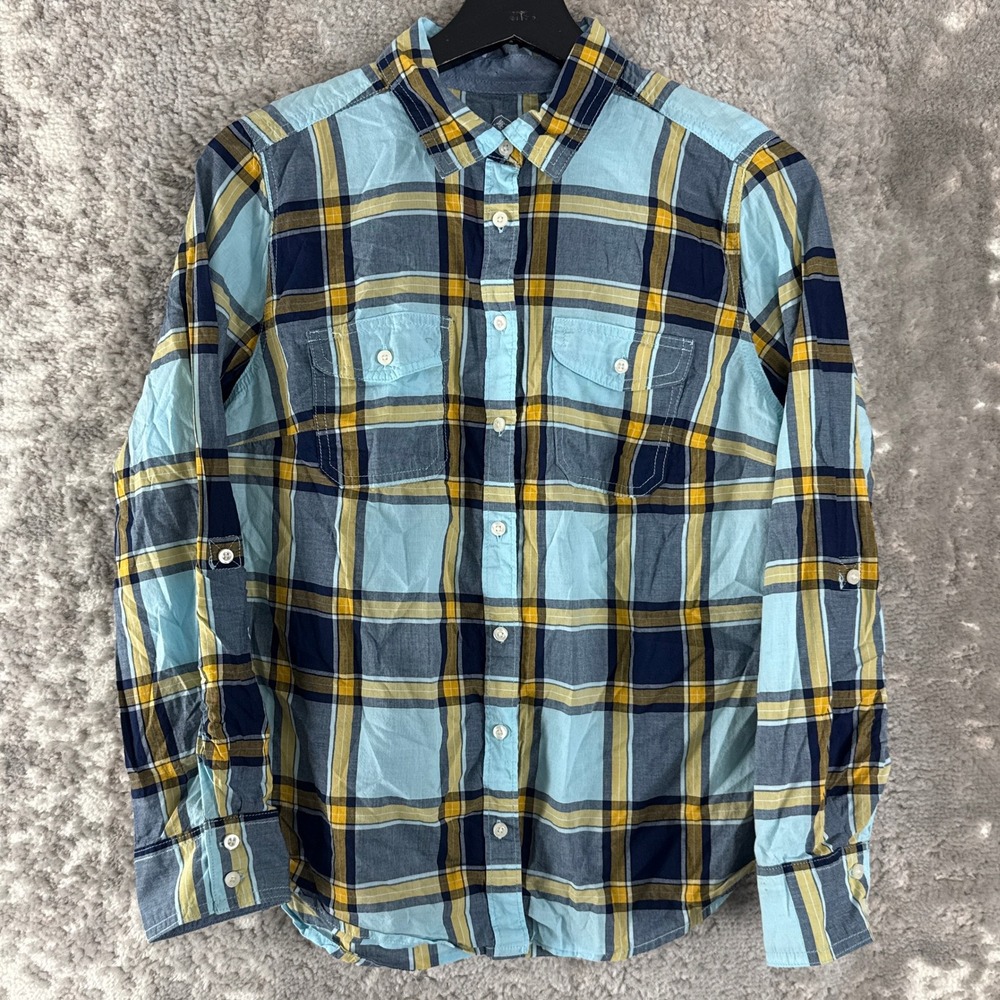 St Johns Bay Petites Size Mp Plaid Button Up Shirt Blue Yellow Long Sleeve Women